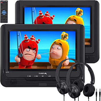PUMPKIN 9" DVD Reproductor para Coche con 2 Auriculares y 2 Pantallas, DVD Portátil para Reposcabezas de Coche con Batería Regable soporta Tarjeta SD/USB/DVD/CD Región Libre