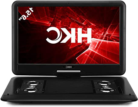 HKC Reproductor de DVD portátil D16HM01 de 15.6 Pulgadas, Pantalla giratoria, Tarjeta SD, Puerto USB con batería, Control Remoto y Cargador para automóvil, Negro