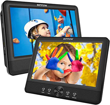 WONNIE 2 Reproductor de DVD Portátil para Coche, con 10.5" Doble Pantallas para Niños Viaje 5 Horas Batería Recargable Compatible con Tarjeta SD y USB con 2 Mando a Distancias