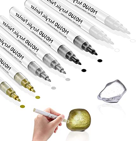 8 Pack Rotuladores De Pintura Acrílica, MOSUO Rotuladores Metálicos de Permanente para Pintura de Roca, Cerámica, Vidrio, Guijarros, Tela, Lienzo, Madera - 2 Negros 2 Blancos 2 Dorados 2 Plateados