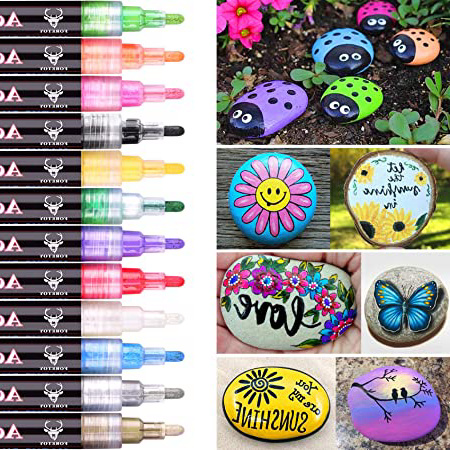 Rotuladores Acrilicos 12 colores para Pintura de Piedra, Madera Niños Vaso Jarra, Álbum de bricolaje, Papel Tela Porcelana Cerámico Zapatos Metal, No tóxico, 3-5mm Plumín Reversible