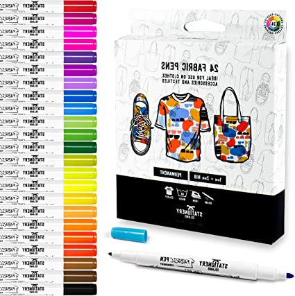Stationery Island Doble Punta Rotuladores Para Tela Paquete De 24 Colores – 1mm y 2 mm Puntas. Marcadores Permanentes Lavables Con Puntas De Fieltro. Para Textiles (Camisetas, Jeans, Bolsos y Lonas)