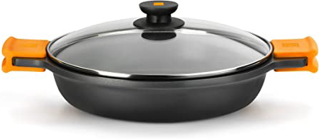 BRA Efficient - Cacerola baja con tapa de cristal y asas de silicona extraíbles, 30 cm, apta para todo tipo de cocinas incluida inducción y horno.Libre de PFOA.