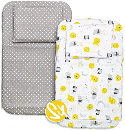 FlyIdeas Juego 8 Pza Sabanas Minicuna Colecho Next2Me 50x83cm | 2 Sabanas Bajeras 2 Protectores Colchon Impermeables 2 Sabanas Encimera y 2 Fundas de Almohada | 100% Algodon Organico Cert OEKO-TEX