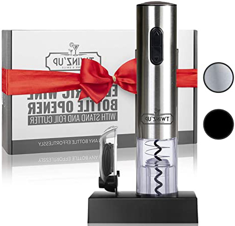 Twinz'up - Sacacorchos Eléctrico Inalámbrico - Estuche Premium con Cortador de Cápsulas y Base de Recarga - Profesional Automatico Abrelatas de Vino - El Regalo Ideal - Abridor Botellas - Plata