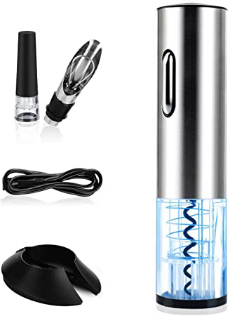 Sacacorchos Electrico, TURATA Abrelatas Electrico Profesional, Abridor Botellas de Vino con Cortador de Papel, Vertedor, Tapón de Vino Silicona de Vacío y Cable de Datos