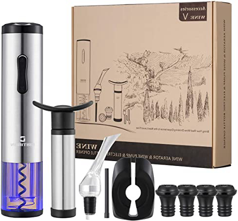 CRITIRON Sacacorchos Eléctrico Inalámbrico para Vino, con Aireador Pourer, Cortador de Aluminio, Bomba de Vacío para Ahorro de Vino, 4 Tapones de Vino, Halloween y Navidad, Amantes del Vino