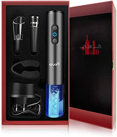 Flauno Sacacorchos Eléctrico Inalámbrico, Profesional Automatico Abrelatas de Vino, Abridor Botellas Recargable con Corta Cápsulas, Vertedor de Vino, Tapón de Vino Silicona de Vacío, Caja de Regalo