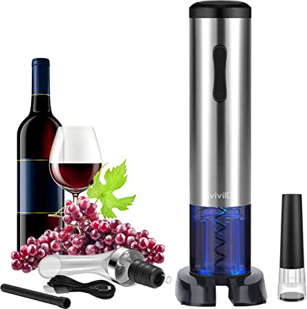 Olivivi Sacacorchos Electrico, Profesional Automatico Abrelatas de Vino, Abridor Botellas de Vino Inalámbrico con Cortador de Papel, Vertedor, Tapón de Vino Silicona de Vacío y Cable de Datos