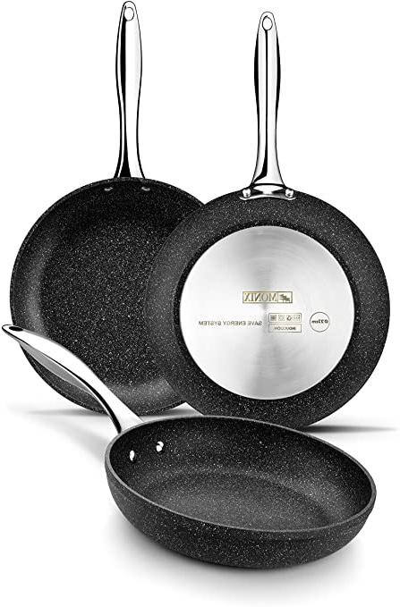 Monix Mineral-Set de 3 sartenes, 20-24-28 cm, Aluminio Forjado con Antiadherente, Acabado Efecto Piedra, sin PFOA, aptas para Todo Tipo de cocinas, inlcuida Inducción, Negro, 20-24-28