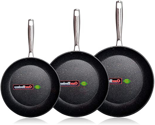 WECOOK EcoChef Titanio Set Juego 3 Sartenes 20-24-28 cm Aluminio Forjado, inducción, 5 Capas Antiadherente sin PFOA, Limpieza lavavajillas Apta para Todas Las cocinas, vitroceramica, Gas