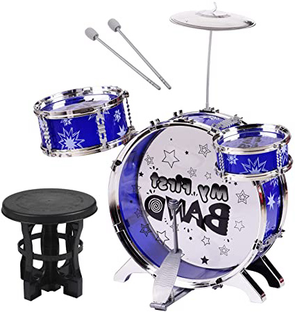 JJmooer Niños Niños Principiantes Set de batería de jazz Batería de 3 piezas con batería de platillos Taburete ajustable Batidor individual Percusión Instrumento musical Juguete para niños Regalos de