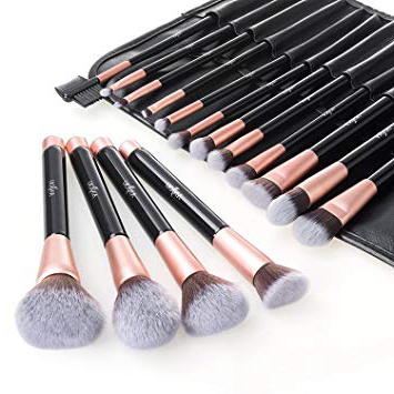 Anjou Brochas de Maquillaje 16 Piezas con Bolsa Rodillo PU, Brochas Maquillaje Cerdas de Fibra Sintética Suaves y sin Crueldad para Ojo,Rubor, Oro Rosa