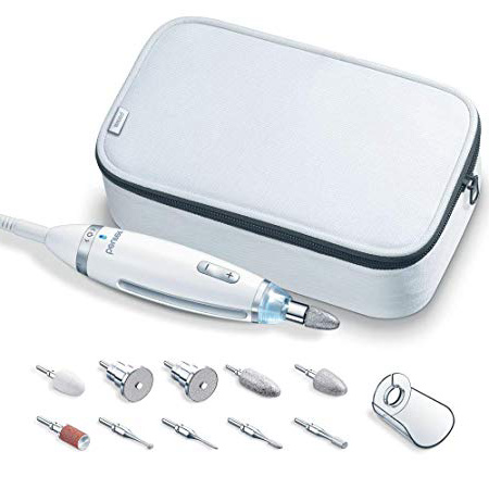 Beurer MP62 - Set manicura pedicura Profesional, luz LED, 10 accesorios incluidos, velocidad ajustable, giro hacía derecha/izquierda, color blanco