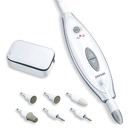 Beurer MP-41 - Set manicura y pedicura profesional, 7 accesorios incluidos, luz LED brillante, rotación hacía derecha/izquierda, 2 velocidades, color blanco