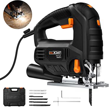 TACKLIFE Sierra de Calar 850W, Sierra de Calar Eléctrica con LED, 6 Cuchillas, Estuche de Transporte, Velocidad Variable 800-3000SPM, 3M Cable, Motor de Cobre Puro | PJS05A