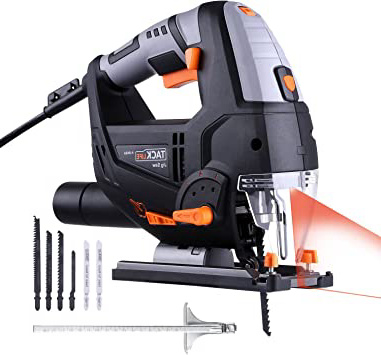 TACKLIFE Sierra de calar 800W, 3000 SPM, Láser & LED, 6 Velocidad Variable, Corte inclinado ± 45 °, 6 Cuchillas & Maletín - PJS02A