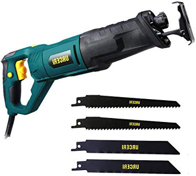 URCERI Sierra Sable 850W, 0-2800SPM Velocidad justable y mango giratorio, 4 cuchillas cambiable, botón de bloqueo, con linterna de trabajor para cortar metal, madeta, plástico, etc.