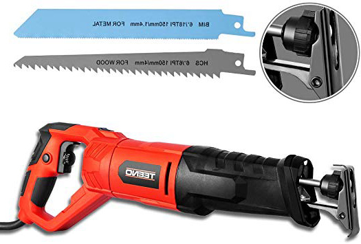 TEENO Sierra sable 850W con cable, Manija Giratoria (Izquierda y Derecha 90º), Gatillo de Velocidad Variable, 2 Hojas (Madera 6T HCS, Metal 14T BIM),LED