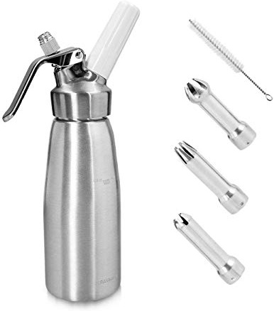 







Navaris Dispensador de Nata montada - Sifón de Cocina de Aluminio con Capacidad de 500ML - Set Profesional con 3 boquillas Compatible con Cargas N20






