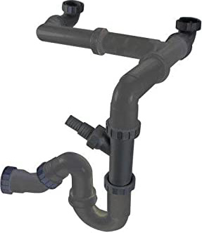 Sifón doble para fregadero de cocina de 2 senos, lavavajillas y lavadora - conexión horizontal o vertical