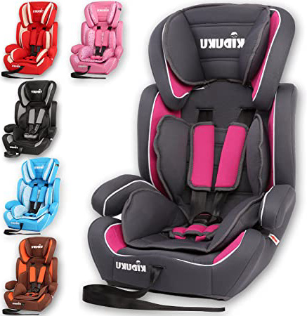 KIDUKU® Silla de Coche, Crece con el niño, 9 kg-36 kg (1-12 años), Grupo 1/2/3 (Gris/Rosa)