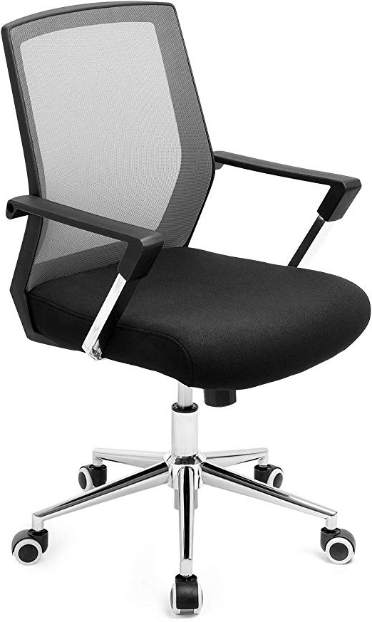 SONGMICS Silla Giratoria de Oficina, Silla de Escritorio de Malla, Marco de Acero Cromado, Regulable en Altura, con Función de Inclinación, Máx. Capacidad de Carga de 150 kg, Gris y Negro OBN83GY