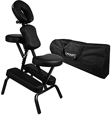 Naipo Silla de Masaje Plegable Ligera y Portátil para Fisioterapia, Tatuaje y Rehabilitación con Reposabrazos Ajustable, Soporte Pectoral, Reposacabezas y Funda de Transporte Oxford Negro (9.3 kg)