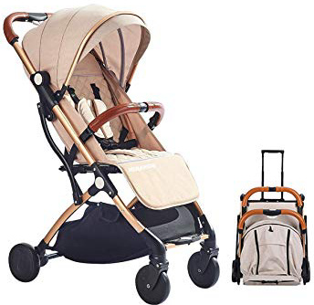 SONARIN Silla de paseo ligera y compacta,cochecito de portátil,plegable con una mano,arnés de cinco puntos,ideal para Avión(Caqui)
