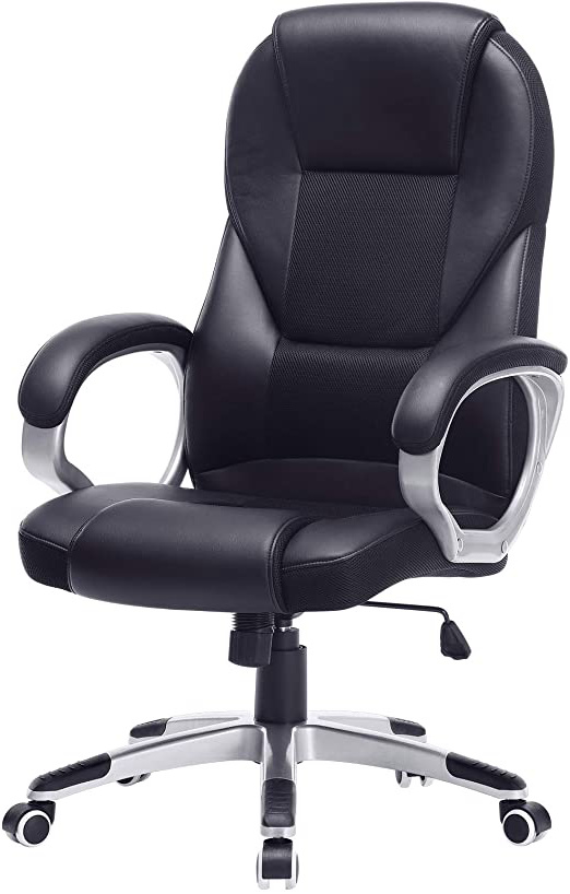 SONGMICS OBG22B - Silla Giratoria de Oficina, Estudio, Ergonómica, PU, con Ruedas, Negro
