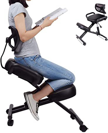 B&H-ERX Silla Ergonómica de Rodillas con Respaldo, Taburete Ajustable para el Hogar y la Oficina - Mejore su Postura con un Asiento en ángulo - Cojines Gruesos y Cómodos (Negro)