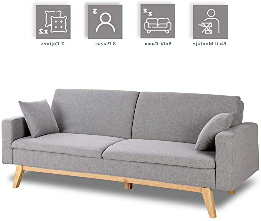 Don Descanso, Sofá Cama 3 plazas Reine, Tapizado en Tela, Color Gris Claro, Sistema Apertura de Libro o Clic-clac, Medida sofá: 206x74x83 cm, Medida Cama: 206x99x83 cm, Incluye 2 Cojines