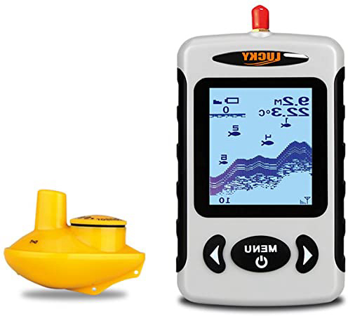 LUCKY Buscador de Profundidad inalámbrico portátil, Sensor de Sonar de Pesca de transductor con Mayor Distancia aérea, Alarma Fishfinder con Pantalla LCD
