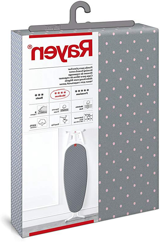 Rayen - Funda para tabla de planchar Universal (funda de planchar alcolchada y fácil de colocar con sistema EasyClip), 3 capas: Espuma, Muletón y tejido 100% de algodón. Gama Medium de Rayen. 130x47 cm, Gris con lunares rosas