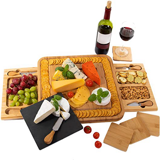 Tabla de quesos de pizarra de bambú incluye posavasos - 2 gavetas deslizables con 4 cuchillos de acero inoxidable - Regalo perfecto - Por PlaNet