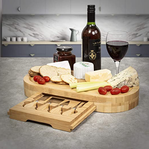 woodluv Juego de Mesa Ovalada de Madera de bambú para Servir Queso con cajón Integrado y Juego de Cuchillos de Queso de 4 Piezas para Cualquier ocasión, 41 x 21 x 5 cm