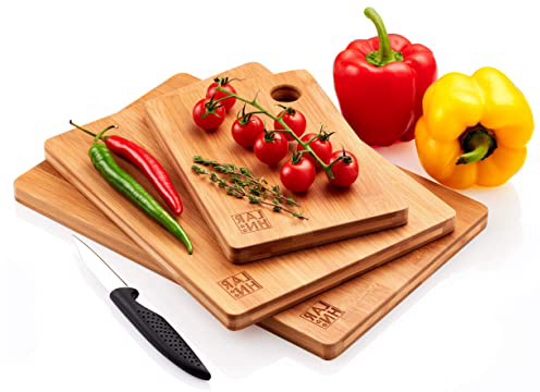 Tablas De Cortar Cocina en Madera Premium Extra-Gruesas - Juego de 3 Piezas en Madera de Bambú para Picar - Certificación FSC y LFGB - Ideal para Carnes, Verduras, Queso y Pan