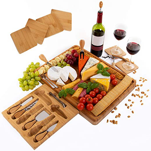 Tabla de quesos de bambú extragrande, incluye posavasos, cajón deslizable con sacacorchos, tapón de botella, cuchillos de acero inoxidable y tenedores de servir, regalo perfecto - por PlaNet