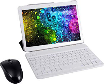 Broken- jom Tableta Android 9.0 Pantalla de 10" Quad-Core RAM 4GB ROM 64GB Cámara WiFi GPS Tarjetas SIM Tablet Teléfono móvil Llamada 3G con ratón, teclado inalámbrico y estuche(Blanco)