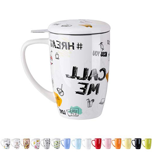 LOVECASA Taza de Te Porcelana Mug Infusión con Filtro y Tapa, Diseño con Frases Regalo 450 ML