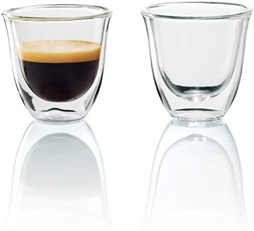 De'Longhi Juego de 2 vasos premium para espresso, apto para lavavajillas, pared doble vidrio templado, transparente, 60 ml
