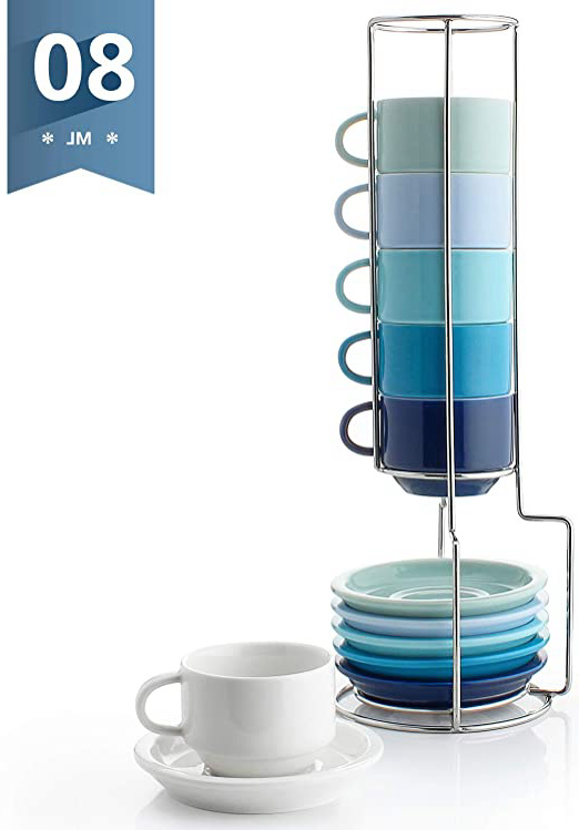 Sweese - Juego de 6 tazas de café apilables (porcelana, con platillos y soporte de metal, 75 ml)