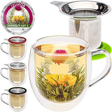 Taza de té de cristal doble con infusor de Teabloom & tapa +2 flores de té gourment - taza de té de 15 oz - la tapa sirve también de posavasos – Disponible en 4 colores