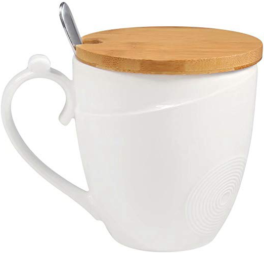 77L Taza de café con tapa y cuchara, taza de café de cerámica con tapa de bambú y cuchara - leche de cerámica, taza de té con cuchara y tapa para el hogar - 1.46 taza (350 ML, 11.8 OZ), blanco