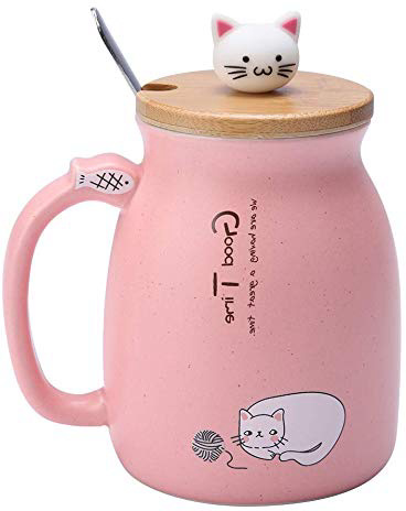 TOPINCN Taza de cerámica Lovely Cat Solid con Cuchara y Tapa de Madera Taza de Leche de Agua con café para Drinkware Regalo Oficina 1Pc(Rosa)