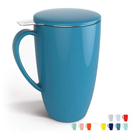 sweese Porcelana Taza, colador de té vasos, tazas de té con filtro y tapa, 400 ml azul azur