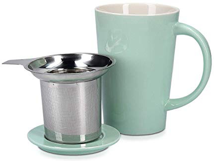 Navaris Taza de cerámica con Tapa - Taza con Filtro para Hacer té infusiones o tisanas - con infusor de Acero Inoxidable - 350ML - Verde