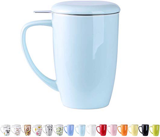 LOVECASA Tazas de Té con Tapa y Filtro Acero Inoxidable 450 ML, Taza Tisana de Porcelana Azul Claro