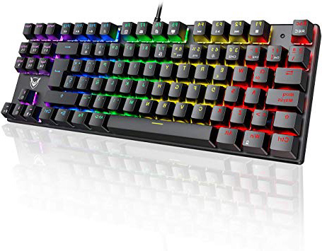 PICTEK Teclado Mecánico Switch Blue con Luz, Teclado Gaming Español LED Rainbow con Switch Azul, 87 Teclas Anti-Ghosting para PC/Mac con Windows - Negro