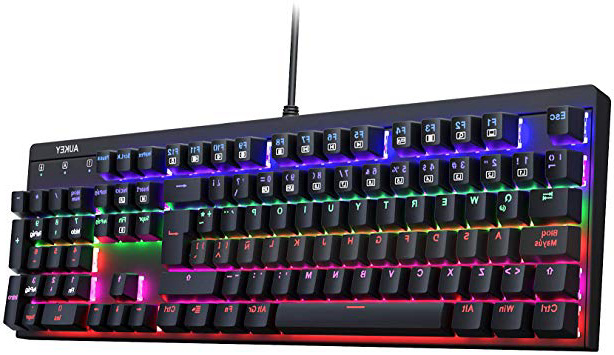 AUKEY Teclado Mecánico Retroiluminación LED con Interruptores Azul, 105 Teclas 100% Anti-ghosting, Disposicion Española Teclado Gaming con Panel de Metal e Impermiable